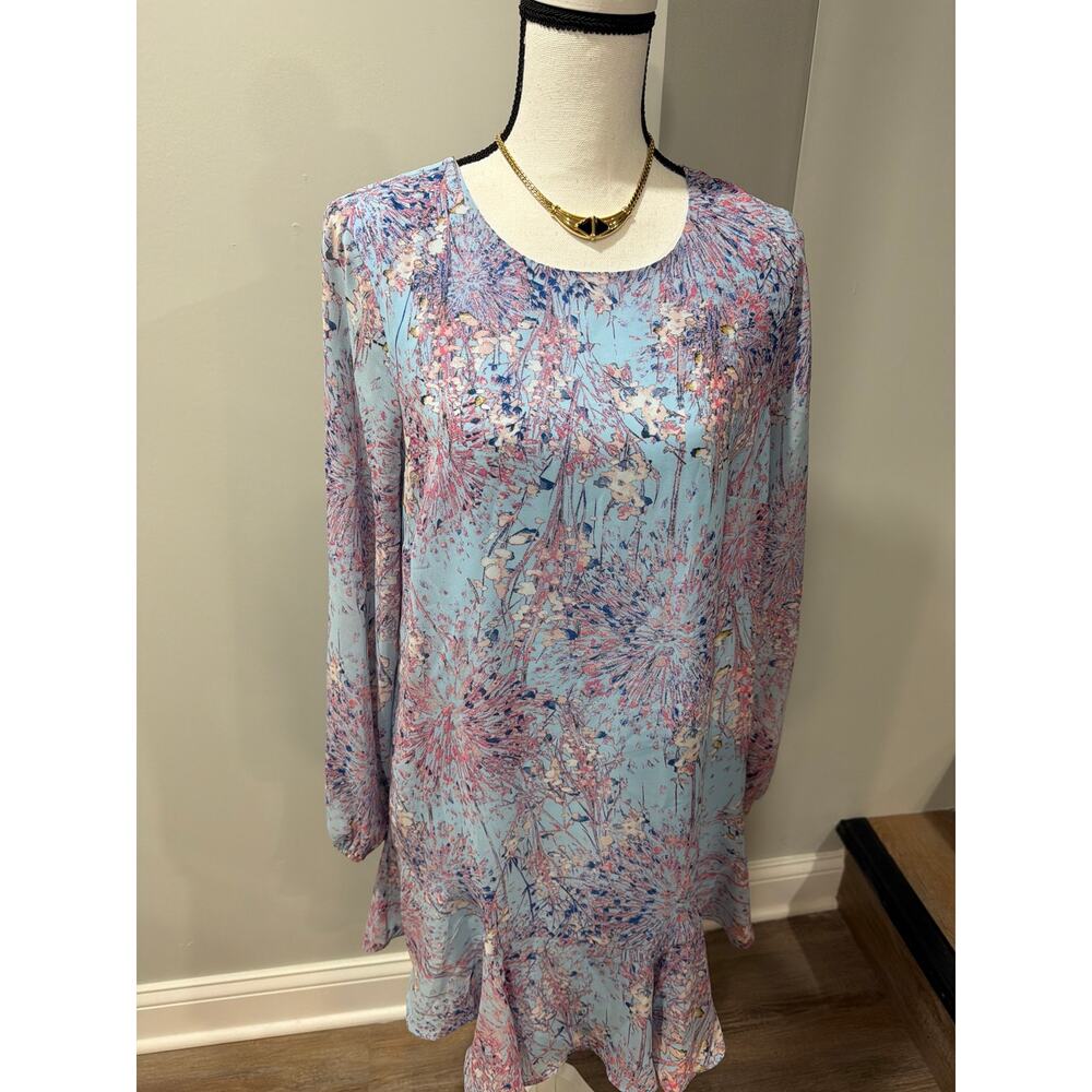 BCBGMAXAZRIA Size M Blue Floral Long Sleeve Ruffle Hem Shift Dress - Picture 3 of 16